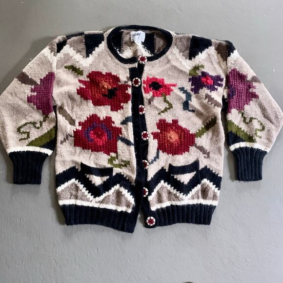 Vintage Handknit Alpaca Wool Floral Grandma Sweater Hallet Medium - Picture 1 of 10